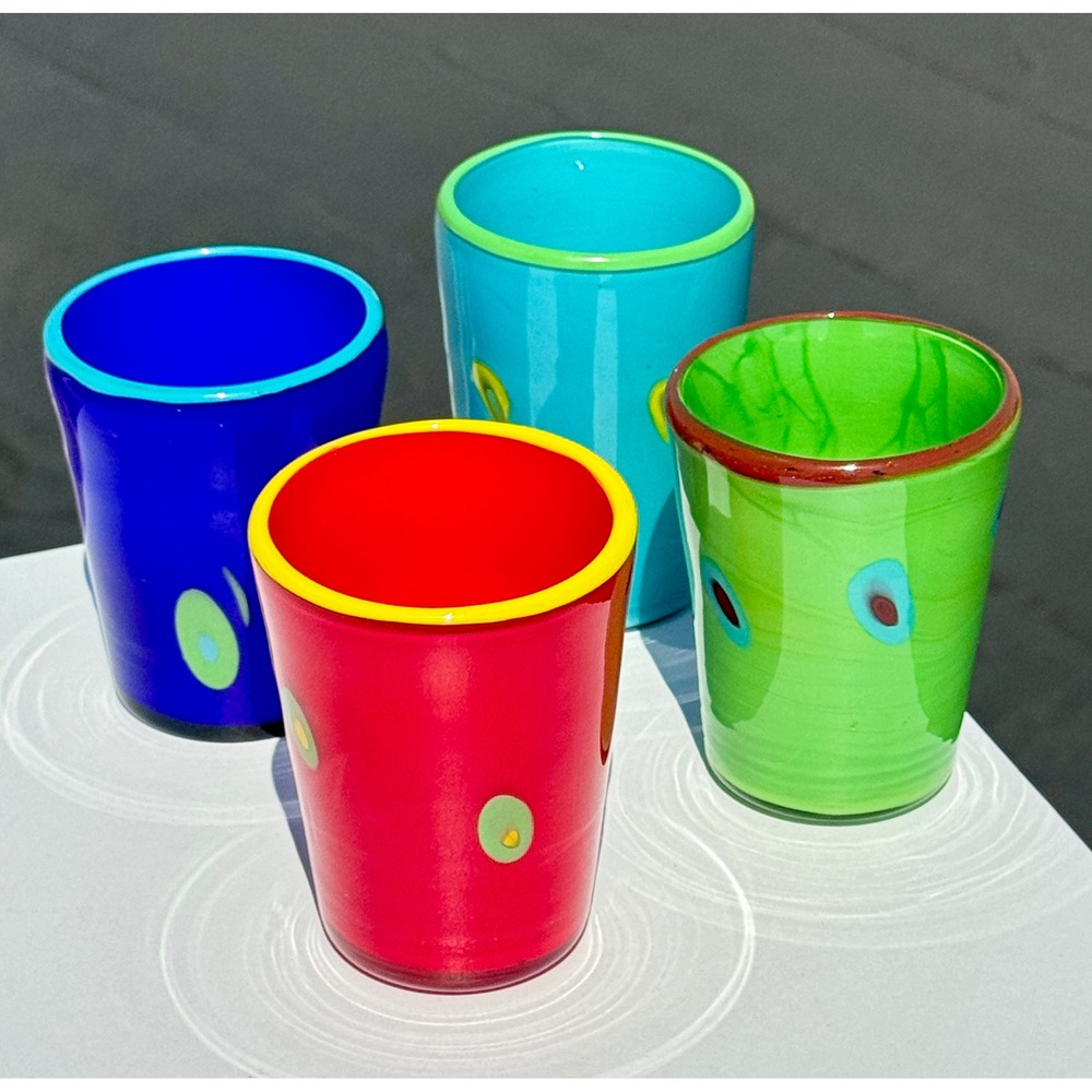 Hand Blown Art Glass Tumblers Unbranded Juice Glasses Set 4 Multicolor MCM Style